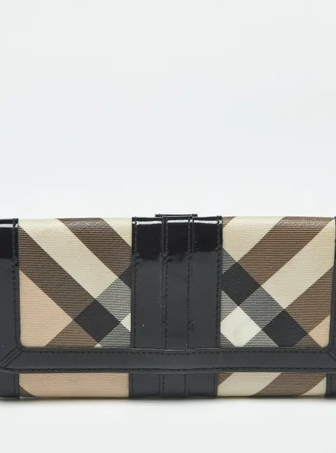 Burberry Black/Beige Nova Coated Canvas and Patent Leather Flap Continental Wallet