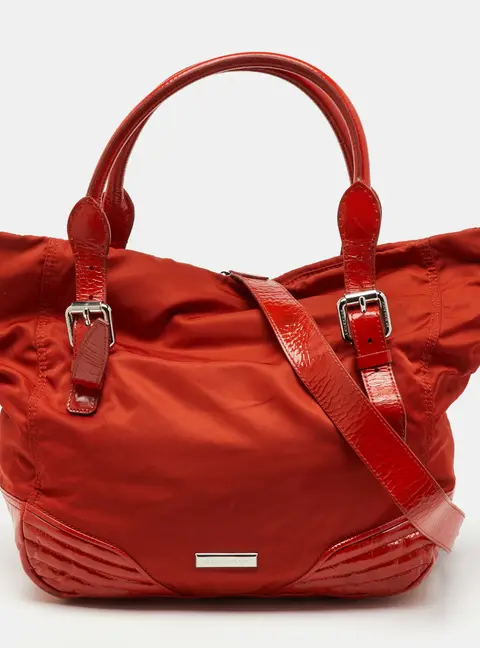 Burberry Orange Nylon and Patent Leather Buckle Handle&nbsp;Tote