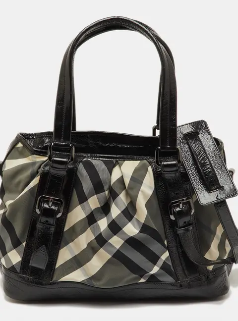 Burberry Black/Grey Beat Check Nylon and Patent Leather Medium Lowry Tote