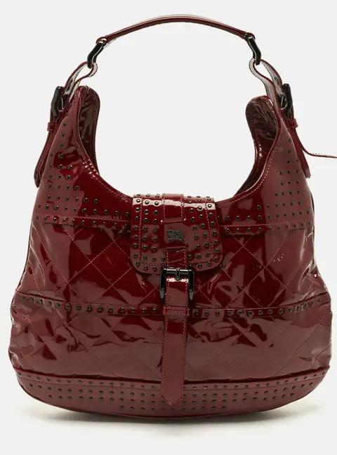 Burberry Brooke Red Quilted Studded Patent Leather Hobo