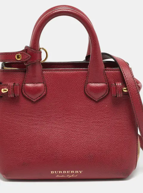 Burberry Banner Mini Red/Beige Leather and House Check Fabric Tote