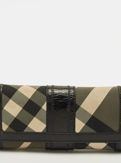 Burberry Black Smoke Check Nylon and Patent Leather Flap Continental Wallet