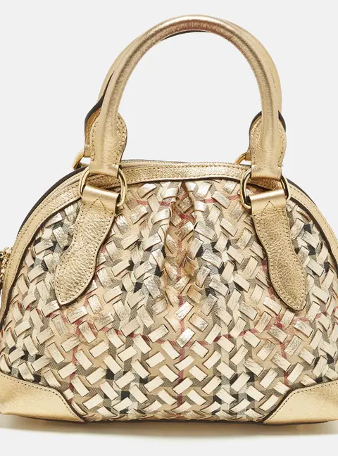 Burberry Thornley Small Gold Woven Haymarket Check PVC and Leather Satchel