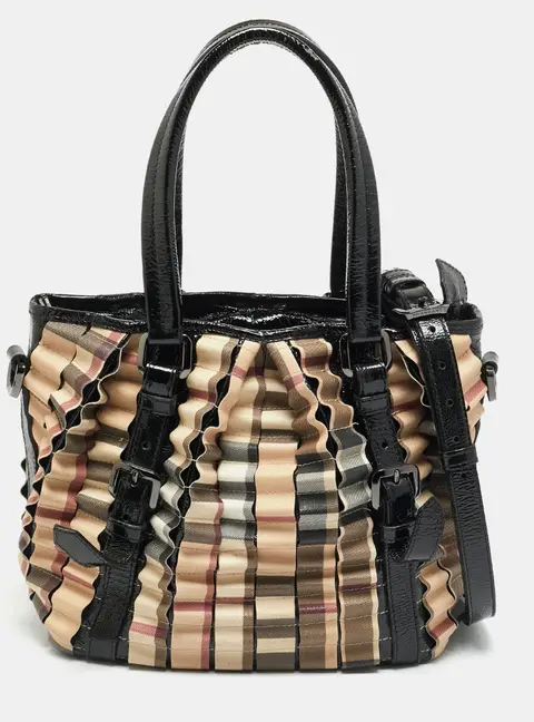 Burberry Cartridge Pleat Black/Beige Nova Check PVC and Patent Leather Tote