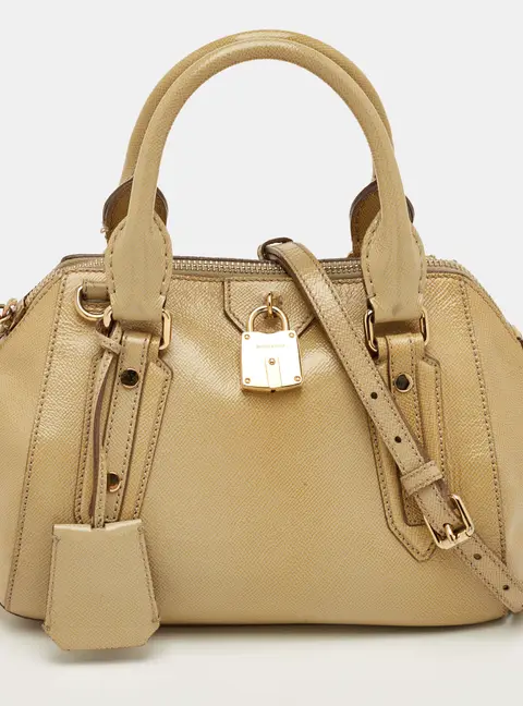 Burberry Beige Patent Leather Lock Top Zip Satchel