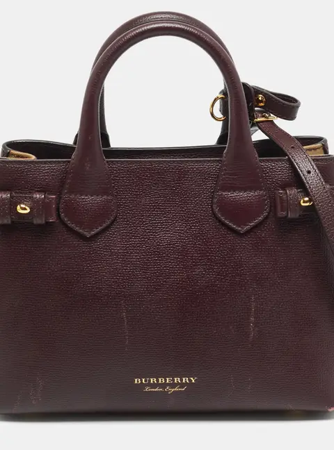 Burberry Banner Small Burgundy/Beige House Check Fabric and Leather Tote