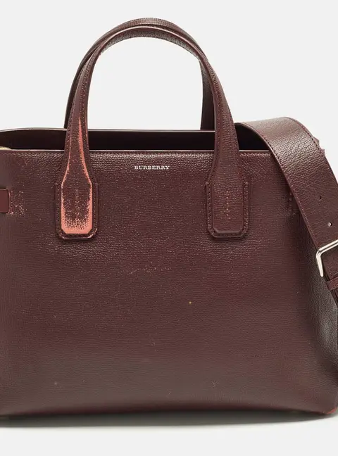 Burberry Banner Medium Burgundy/Beige Leather and House Check Fabric Tote