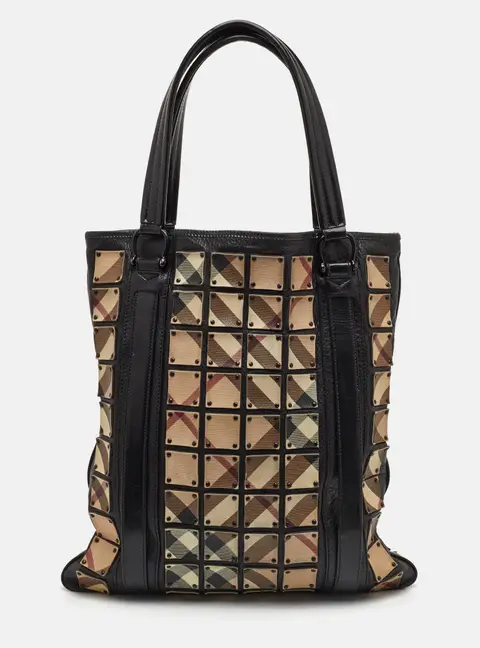 Burberry Brooke Warrior Beige/Black Nova Check PVC and Leather Studded Tote