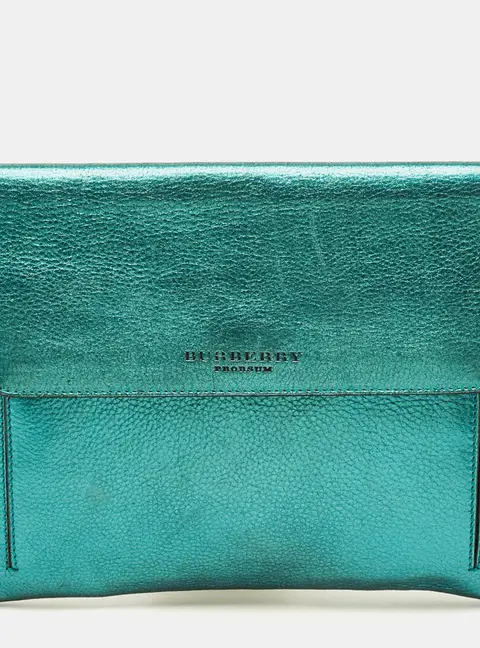 Burberry Metallic Green Leather Envelope Clutch