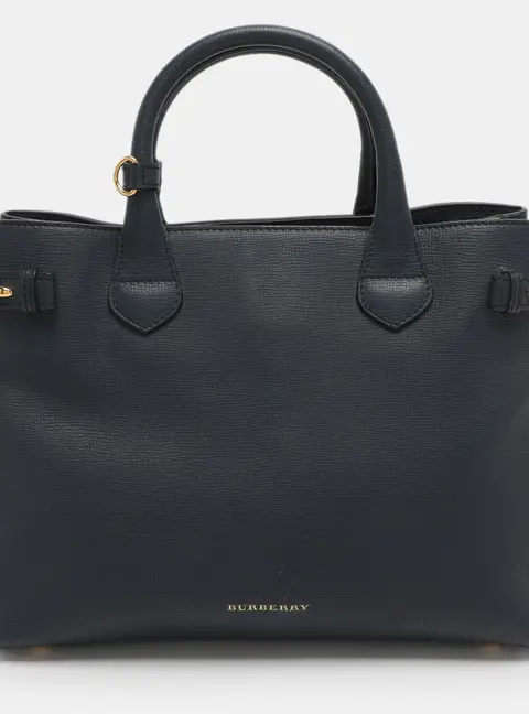 Burberry Banner Medium Navy Blue/Beige Leather and House Check Canvas Tote