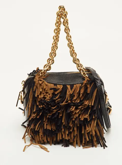Burberry Black/Brown Lizard Embossed Leather and Fringe Suede Chain Satchel