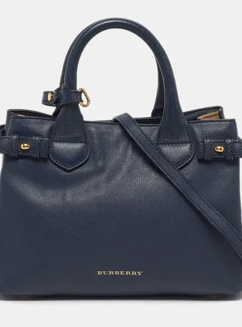 Burberry Banner Small Navy Blue/Beige House Check Fabric and Leather Tote