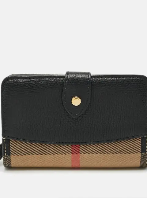 Burberry Finsbury Black/Beige House Check Canvas and Leather French Wallet