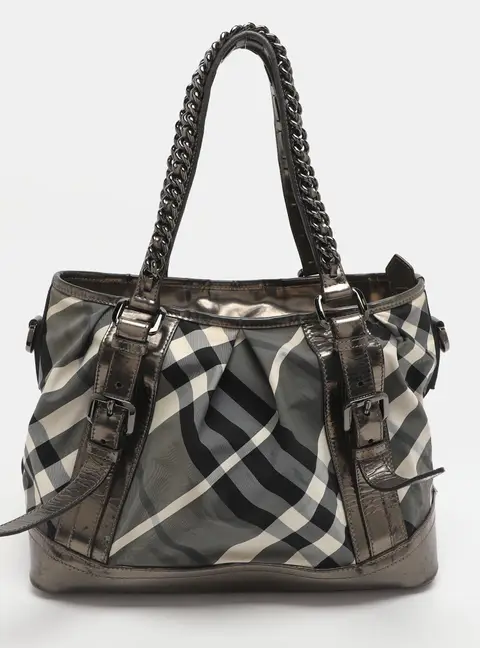 Burberry Lowry Medium Black/Grey Beat Check Nylon and Patent Leather Tote