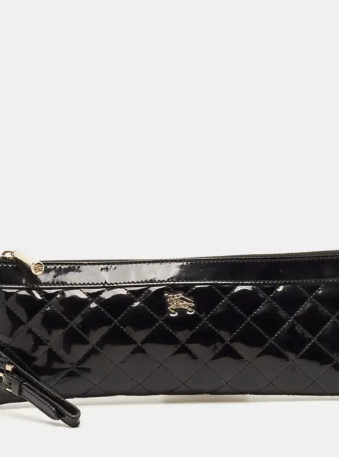 Burberry Black Quilted Patent Leather Wristlet Clutch