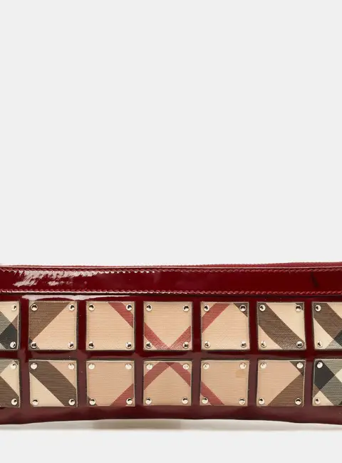 Burberry Burgundy/Beige Super Nova Check PVC and Patent Leather Wristlet Clutch