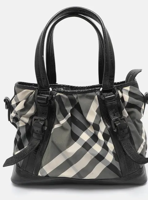 Burberry Lowry Black Beat Check Nylon and Patent Leather Tote