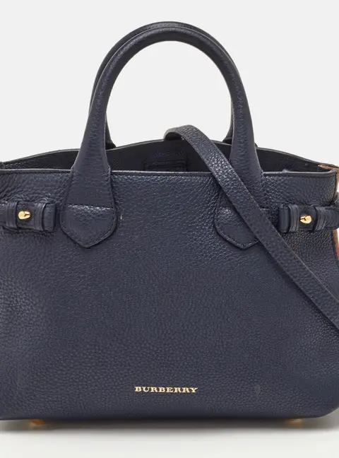 Burberry Banner Small Navy Blue/Beige Leather and House Check Canvas Tote