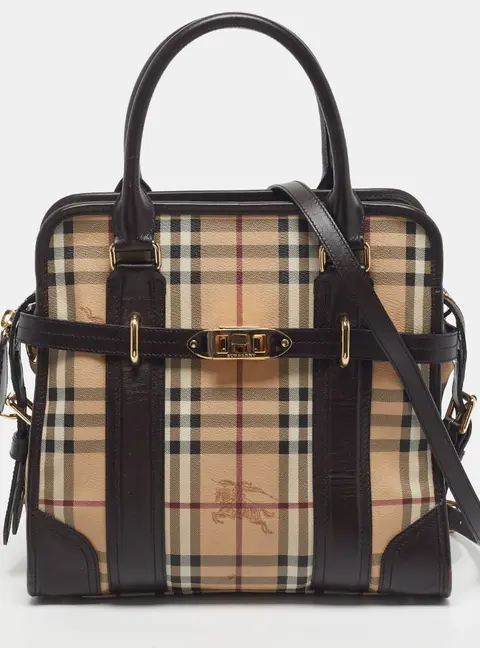 Burberry Minford Choco Brown/Beige Haymarket Check Coated Canvas and Leather Satchel