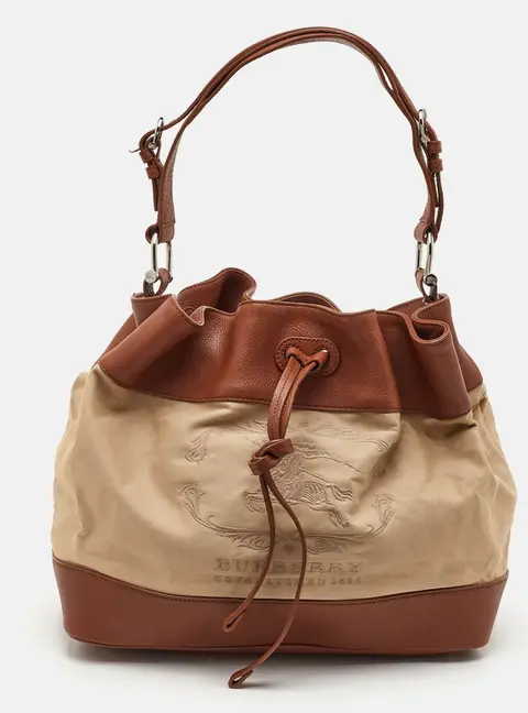 Burberry Beige/Brown Canvas and Leather Logo Drawstring Bucket Bag