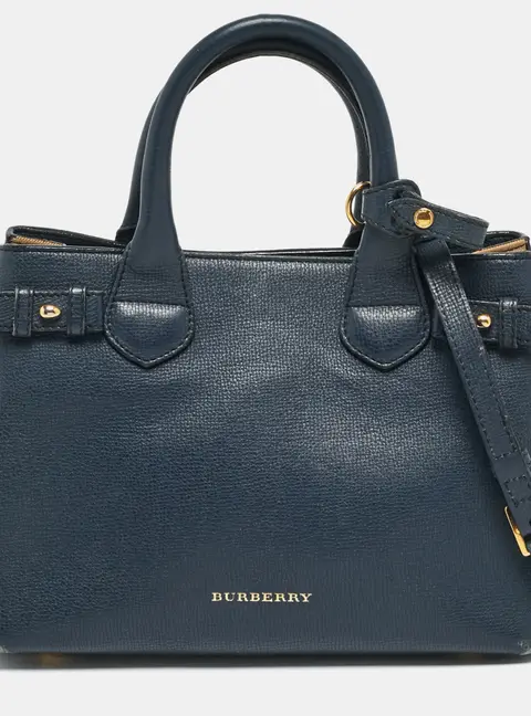 Burberry Banner Small Navy Blue/Beige House Check Fabric and Leather Tote