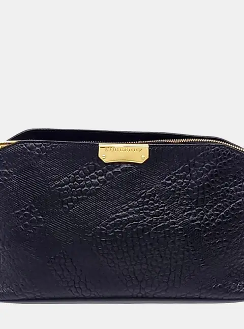 Burberry Clutch Black Embossed Leather Pouch Bag