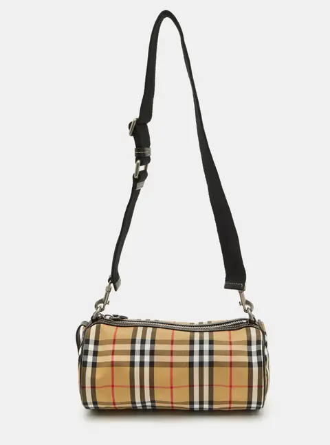 Burberry Kennedy Barrel Small Beige/Black House Check Fabric and Leather Bag