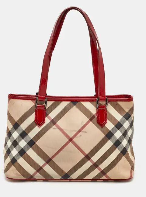Burberry Nickie Beige/Red Supernova Check PVC and Patent Leather Tote