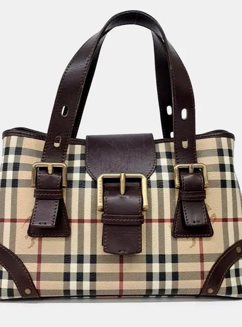 Burberry Beige Burgundy Coated Canvas and Leather Tote Bag