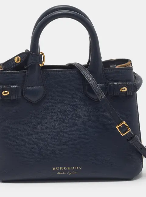 Burberry Banner Mini Navy Blue/Beige Leather and House Check Fabric Tote