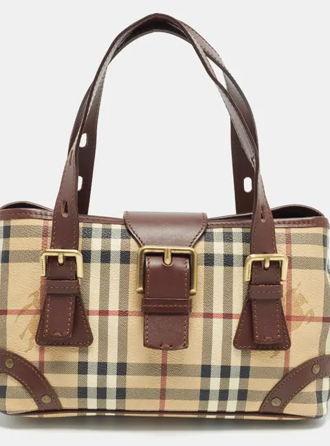 Burberry Buckle Small Brown/Beige Haymarket Check Coated Canvas and Leather Tote