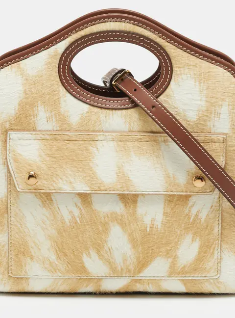 Burberry Pocket Mini Cream/Brown Calfhair and Leather Tote