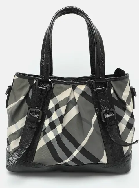 Burberry Lowry Black Beat Check Nylon and Patent Leather Tote