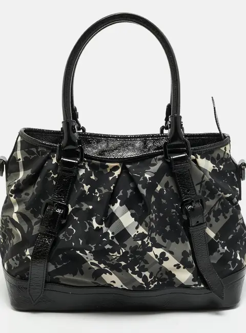 Burberry Black Floral Beat Check Nylon and Patent Leather Tote