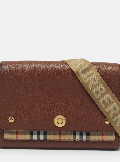Burberry Note Medium Brown/Beige Check Fabric and Leather Crossbody Bag