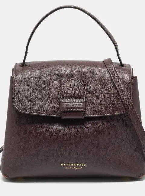 Burberry Camberley Small Burgundy/Beige Leather and House Check Fabric Top Handle Bag