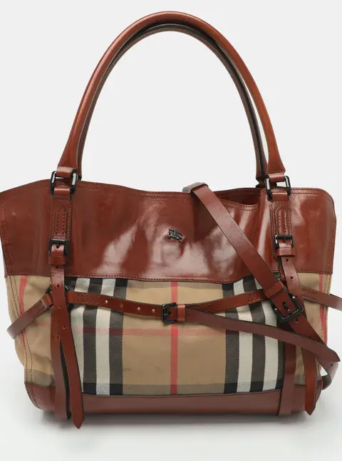 Burberry Brown/Beige Nova Check Canvas and Leather Belted Tote