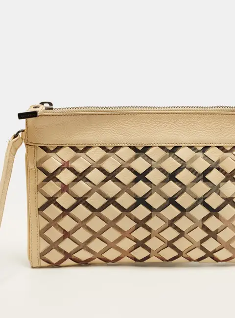 Burberry Cream Woven Patent Leather and Check Fabric Wristlet Pouch