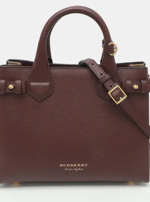 Burberry Banner Small Burgundy/Beige House Check Fabric and Leather Tote