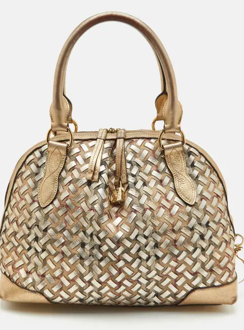 Burberry Thornley Metallic/Beige Woven Haymarket Check Coated Canvas and Leather Satchel