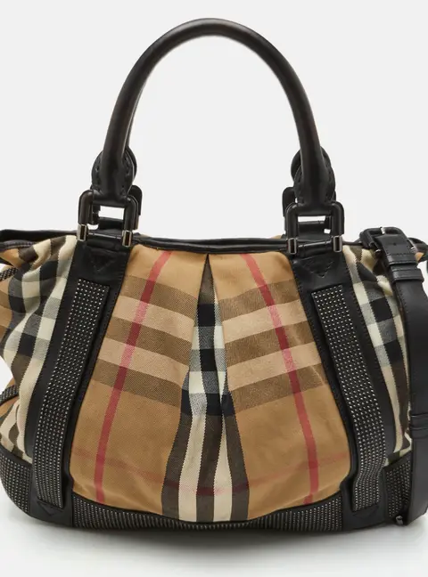 Burberry Studded Beige/Black House Check Canvas and Leather Tote