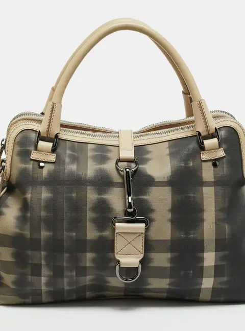 Burberry Double Zip Grey Smoked Check PVC and Leather Satchel