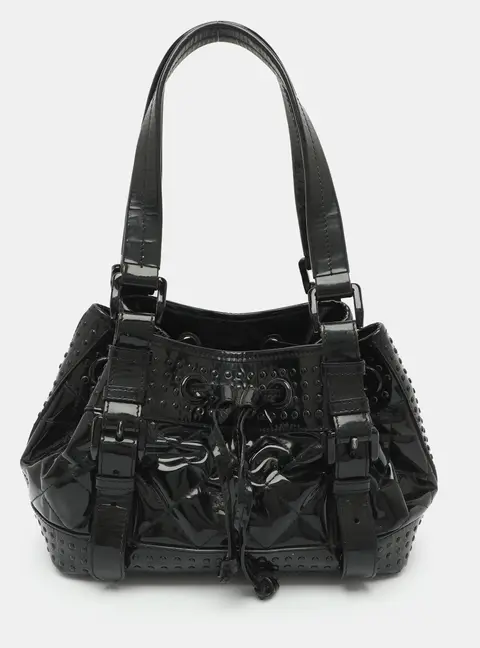 Burberry Black Quilted Patent Leather Drawstring Studded Tote