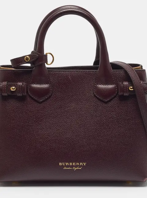 Burberry Banner Small Burgundy/Beige Leather and Nova Check Canvas Tote