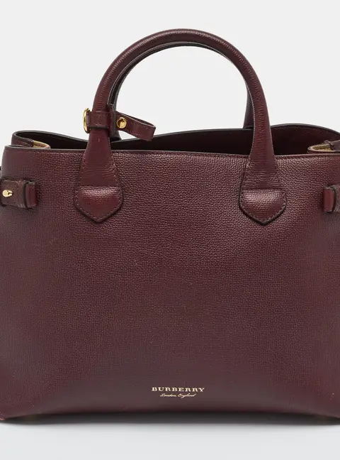Burberry Banner Medium Burgundy/Beige Leather and House Check Canvas Tote