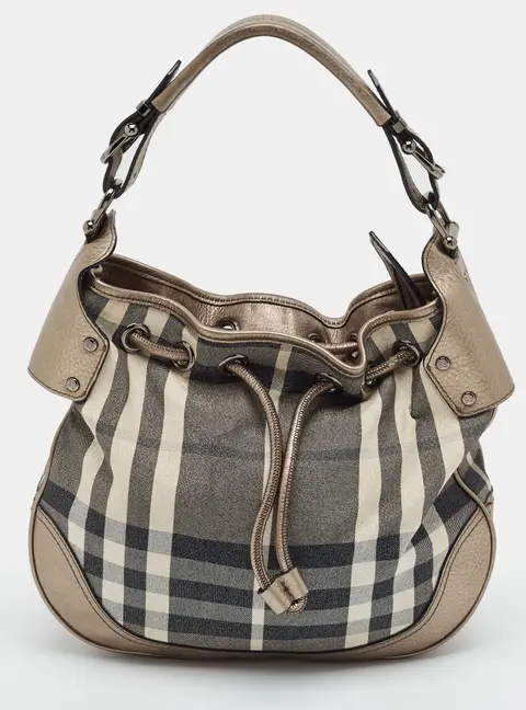 Burberry Pewter Drawstring Metallic Shimmer Check Fabric and Leather Hobo