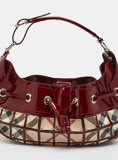 Burberry Warrior Studded Mini Red/Beige Super Nova Check Patent Leather Hobo