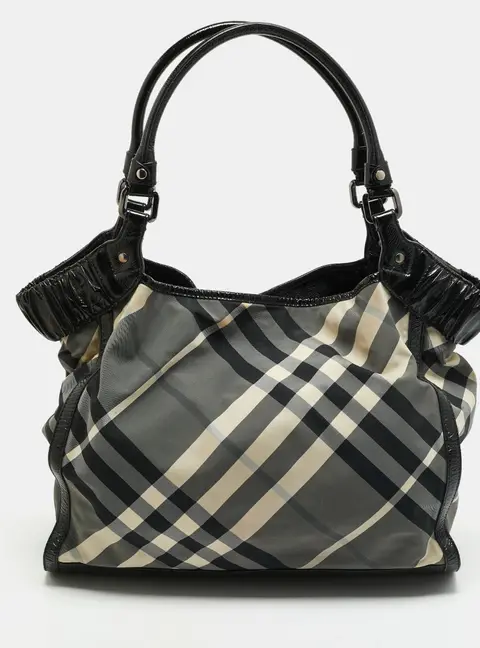 Burberry Black Beat Check Nylon and Patent Leather Tote