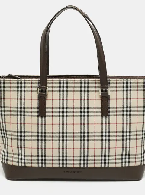 Burberry Brown/Beige House Check Fabric and Leather Zip Tote