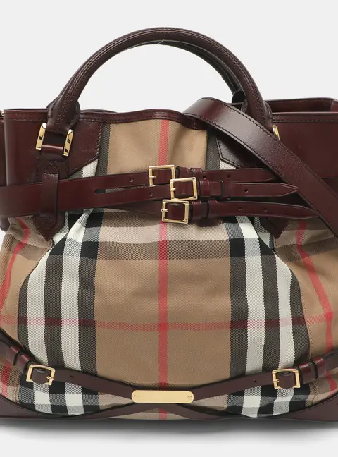 Burberry Bridle Lynher Large Burgundy House Check Fabric and Leather Tote